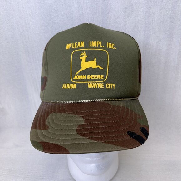 John Deere Vintage Trucker Hat Cap Insulated Foam McLean Implement Inc Camo NWOT - Picture 2 of 10
